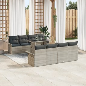 vidaXL Σετ Κήπου 9 Τεμαχίων με Μαξιλάρια Ανοιχτό Γκρι Πολυ Ρατάν