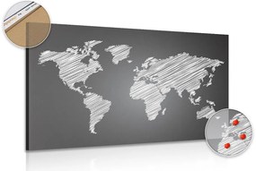 Εικόνα ενός παγκόσμιου χάρτη που εκκολάπτεται από φελλό σε ασπρόμαυρο - 90x60  wooden