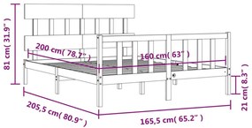 Πλαίσιο Κρεβατιού με Κεφαλάρι 160x200 εκ. από Μασίφ Ξύλο - Καφέ