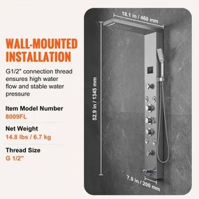 VEVOR Shower Panel Tower System 6 Modes Hydroelectricity LED Stainless Steel