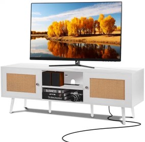 VEVOR Rattan TV Stand for 65&quot; TV Boho TV Stand with Build-in Socket White