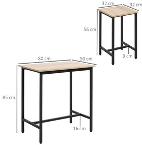 HOMCOM Σετ τραπεζαρίας μπαρ σε βιομηχανικό στυλ, 3 τεμάχια, 1 τραπέζι, 2 σκαμπό, Μαύρο + Φυσικό