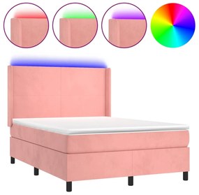 vidaXL Κρεβάτι Boxspring με Στρώμα &amp; LED Ροζ 140x190 εκ. Βελούδινο