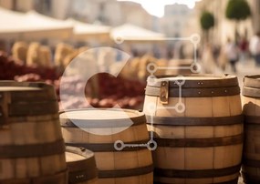 Intra Συλλεκτικό Ξύλινο Παζλ Plywood  4mm - Ξύλινα βαρέλια σε μια λαϊκή αγορά με κόσμο Σε Ξύλινο Κουτί - Διαστάσεις Puzzle: 10x10 cm – 25 κομμάτια