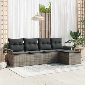vidaXL Σετ Καναπέ Κήπου 5 Τεμαχίων με Γκρι Μαξιλάρια, Πολυ Ράτταν