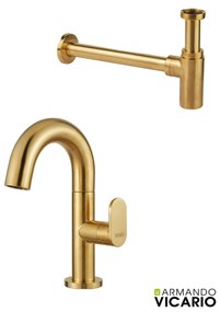 Armando Vicario Slim Gold Brushed Σιφών+Μπαταρία Νιπτήρος με βαλβίδα clic-clac