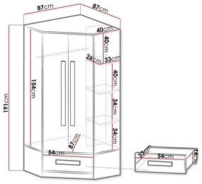 Γωνιακή ντουλάπα Akron J103, Άσπρο, Γυαλιστερό Τυρκουάζ, 191x87x87cm, 80 kg, Πόρτες ντουλάπας: Με μεντεσέδες, Αριθμός ραφιών: 3, Αριθμός ραφιών: 3