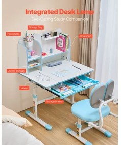 VEVOR Kids Study Chair and Desk with Bookshelf &amp; Drawer Height Adjustable Blue