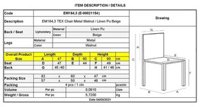 Καρέκλα TEX Μεταλλική Καρυδί/Linen Pu Μπεζ 47x60x90cm (Σετ 4 ΤΕΜ)