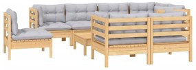 vidaXL Σαλόνι Κήπου Σετ 9 Τεμαχίων Μασίφ Ξύλο Πεύκου με Γκρι Μαξιλάρια