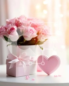 Intra Συλλεκτικό Ξύλινο Παζλ Plywood  4mm - Μπουκέτο με ροζ τριαντάφυλλα με κουτί δώρου και κερί Σε Ξύλινο Κουτί - Διαστάσεις Puzzle: 10x10 cm – 25 κομμάτια