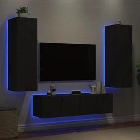 vidaXL Έπιπλα Τοίχου Τηλεόρασης 6 τεμ LED Μαύρα από Επεξεργασμένο Ξύλο