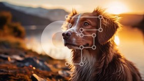 Intra Συλλεκτικό Ξύλινο Παζλ Plywood 4mm - Σκύλος στη βραχώδη ακτή δίπλα στη λίμνη στο ηλιοβασίλεμα Σε Ξύλινο Κουτί - Διαστάσεις: 10x10 cm – 25 κομμάτια