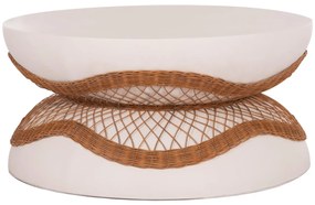 Τραπεζάκι σαλονιού ANNA από Fiber Cement Λευκό &amp; Φυσικό Rattan Φ92x44.5Υεκ. 92x92x44.5 εκ.