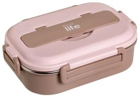 Ecolife Φαγητοδοχείο 1Lt Σετ Με Κουτάλι Και Πηρούνι 3 Θέσεων Ροζ 33-FC-9091
