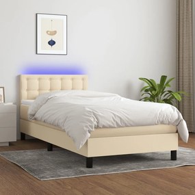 vidaXL Κρεβάτι Boxspring με Στρώμα &amp; LED Κρεμ 100x200 εκ. Υφασμάτινο