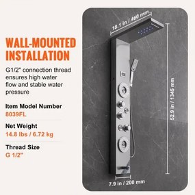 VEVOR Shower Panel Tower System 6 Modes LED &amp; Display Stainless Steel Rainfall
