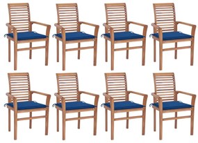 vidaXL Καρέκλες Τραπεζαρίας 8 τεμ. από Ξύλο Teak & Μπλε Ρουά Μαξιλάρια