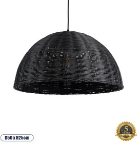 02383 GloboStar®  MONTANA 02383 Boho Κρεμαστό Φωτιστικό Καμπάνα Μονόφωτο 1 x E27 IP20 Μαύρο Ξύλο - Μ50 x Π50 x Υ25cm