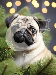Intra Συλλεκτικό Ξύλινο Παζλ Plywood  4mm - Pug Dog που περιβάλλεται από κλαδιά πεύκου και φώτα Bokeh Σε Ξύλινο Κουτί - Διαστάσεις: 10x10 cm – 25 κομμάτια