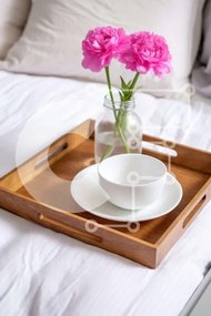 Intra Συλλεκτικό Ξύλινο Παζλ Plywood  4mm - Ξύλινος δίσκος με ροζ λουλούδια στο κρεβάτι Σε Ξύλινο Κουτί - Διαστάσεις Puzzle: 10x10 cm – 25 κομμάτια