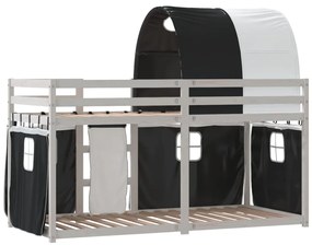 vidaXL Κουκέτα με Κουρτίνες Λευκό/Μαύρο 90x200 εκ. Μασίφ Ξύλο Πεύκου