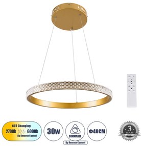 DIAMOND 61129 Κρεμαστό Φωτιστικό Δαχτυλίδι-Κύκλος LED CCT 30W 3513lm 360° AC 220-240V - Εναλλαγή Φωτισμού μέσω Τηλεχειριστηρίου All In One