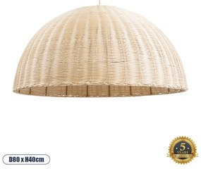 GloboStar® MONTANA 02379 Boho Κρεμαστό Φωτιστικό Οροφής Μονόφωτο 1 x E27 AC220-240V IP20 - Φ80 x Υ40cm - Μπεζ Μπαμπού Πλέγμα Καμπάνα - 5 Χρόνια Εγγύηση