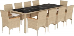 vidaXL Σετ Τραπεζαρίας Κήπου 11τεμ. Μπεζ Συνθ.Ρατάν/Γυαλί με Μαξιλάρια