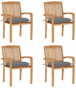 3073256 vidaXL Καρέκλες Κήπου Στοιβαζόμενες 4 τεμ. Μασίφ Ξύλο Teak &amp; Μαξιλάρια Γκρι, 1 Τεμάχιο