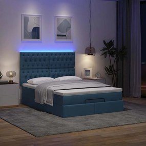 vidaXL Οθωμανικό κρεβάτι με στρώμα &amp; LEDs Μπλε 140x200cm ύφασμα