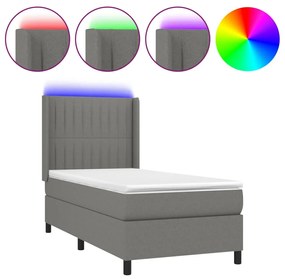 vidaXL Κρεβάτι Boxspring με Στρώμα & LED Σκ.Γκρι 90x200 εκ. Υφασμάτινο