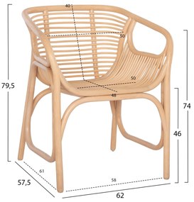 Πολυθρόνα Mel Εσωτ. Χώρων Φυσικό Rattan 62x57,5x79,5Υεκ.