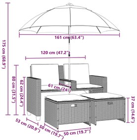 Καναπές Κήπου Διθέσιος με Ομπρέλα &amp; Σκαμπό Μαύρος Συνθ. Ρατάν - Μαύρο