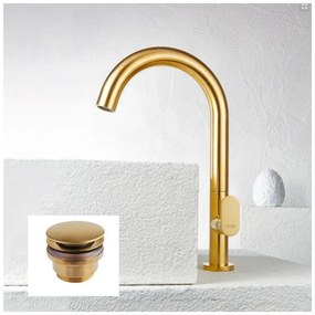 Armando Vicario Slim Gold Brushed Βαλβίδα νιπτήρος+Μπαταρία Νιπτήρος υψηλή με βαλβίδα clic-clac