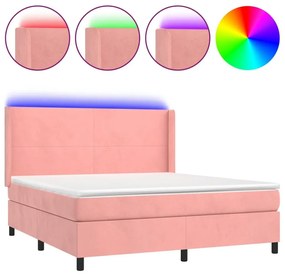 Κρεβάτι Boxspring με Στρώμα &amp; LED Ροζ 160x200 εκ. Βελούδινο - Ροζ