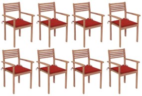 Καρέκλες Κήπου Στοιβαζόμενες 8 τεμ. Μασίφ Ξύλο Teak &amp; Μαξιλάρια - Κόκκινο
