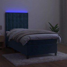 vidaXL Κρεβάτι Boxspring με Στρώμα & LED Σκ. Μπλε 90x190 εκ. Βελούδινο