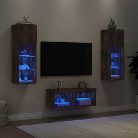 vidaXL Ντουλάπια Τηλεόρασης Τοίχου 4 Τεμ. με Φώτα LED Καπνιστή Δρυς
