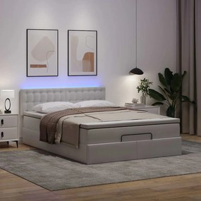vidaXL Οθωμανικό κρεβάτι με στρώματα &amp; LEDs Καθαρό λευκό Faux Leather