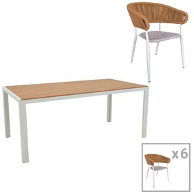 Τραπεζαρία Nares-Raven B σετ 7τεμ pakoworld λευκό αλουμίνιο και plywood σε φυσική απόχρωση 180x90x72.5εκ