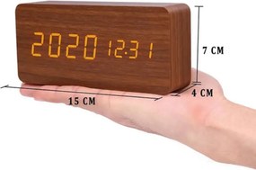 Επιτραπέζιο Ξύλινο Ψηφιακό Ρολόι με οθόνη LED, Ξυπνητήρι, Θερμόμετρο - Καφέ