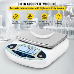 VEVOR Analytical Balance, 5000g x 0,01g Accuracy Lab Scale, High Precision Electronic Analytical Balance, 13 Units Conversion, Counting Function, LCD Display, for Lab University Jewelry (5000g, 0,01g)