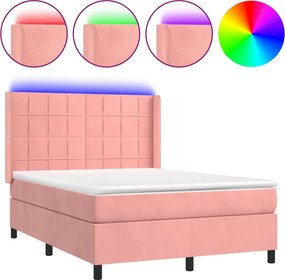 vidaXL Κρεβάτι Boxspring με Στρώμα &amp; LED Ροζ 140x190 εκ. Βελούδινο