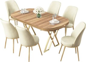 Dining Table &amp; Chairs Set (7 Pieces) Lai - Light Walnut, Gold, Cream Light Walnut
Gold
Cream
