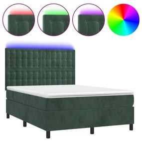 Κρεβάτι Boxspring με Στρώμα &amp; LED Σκ. Πράσινο 140x200εκ Βελούδο - Πράσινο