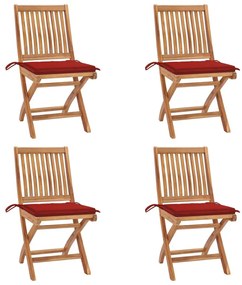 Καρέκλες Κήπου Πτυσσόμενες 4 τεμ. Μασίφ Ξύλο Teak με Μαξιλάρια - Κόκκινο