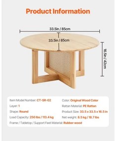 VEVOR Rattan Coffee Table Round Wood Coffee Table Single Tier for Living Room