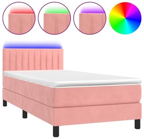 vidaXL Κρεβάτι Boxspring με Στρώμα &amp; LED Ροζ 90x190 εκ. Βελούδινο