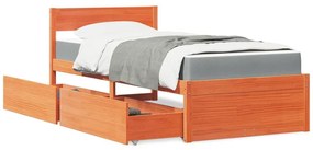 Κρεβάτι με Συρτάρια+Στρώμα Καφέ 100x200 εκ. Μασίφ Ξύλο Πεύκου - Καφέ